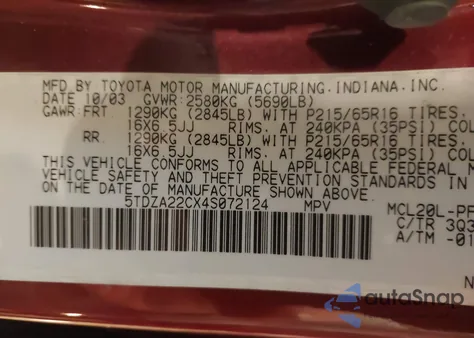 2004 Toyota Sienna Xle from USA, damaged, VIN 5TDZA22CX4S072124